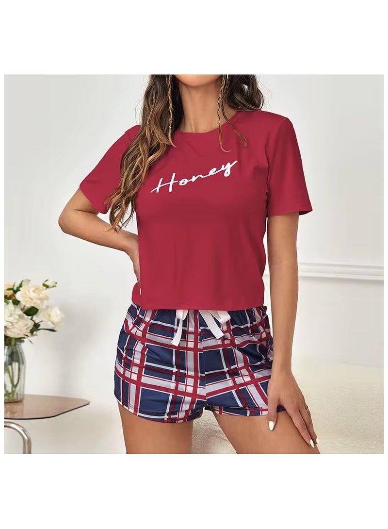 Women 2 Piece Pajama Set Crewneck Short Sleeve Printed Shorts Set Top and Shorts Loungewear Ladies Sleepwear
